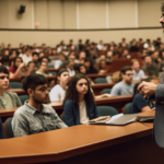 A college professor gives an academic lecture in a large university hall filled with students.