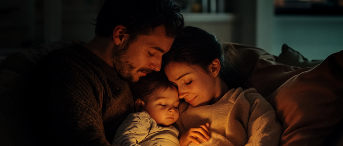 A family cuddles on a couch, illuminated by candlelight.