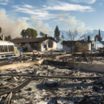 Firefighters survey a disaster area after a fire burns down a neighborhood.