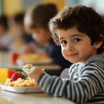 An elementary school child eats breakfast in the school cafeteria, thanks to the free school breakfast program.