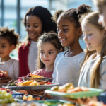 Children receive fruits and vegetables on their lunch trays at school; the National School Lunch Program makes this possible for all students, regardless of household income.