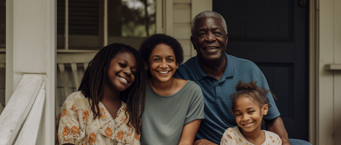 A family sits on the front porch of their middle class home