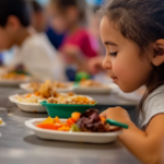 A girl is about to eat at a Summer Food Service Program site. Her plate is covered in fruits and vegetables.