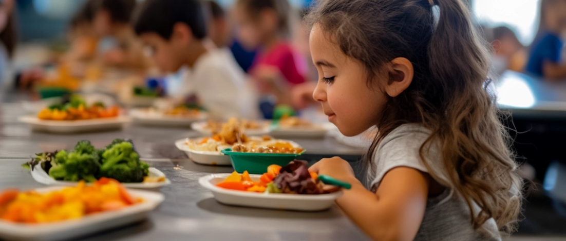 A girl is about to eat at a Summer Food Service Program site. Her plate is covered in fruits and vegetables.