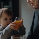 A toddler holds a glass of orange juice while his mother looks on.