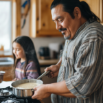 A Native American father and daughter make soup in their kitchen.