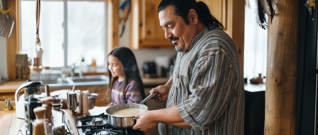 A Native American father and daughter make soup in their kitchen.