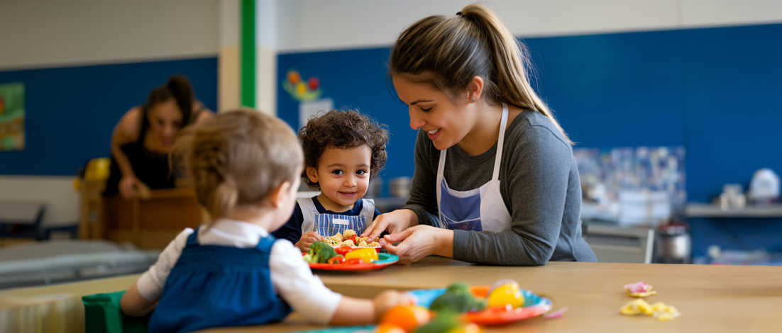 A daycare worker helps some small children with their snack.