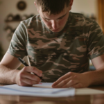 A military veteran fills out paperwork so he can apply for military benefits.