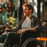 A man in a wheelchair smiles gently, talking to a friend off-camera, at a busy outdoor cafe.