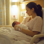 A woman holds a newborn in a soft-lit maternity ward.