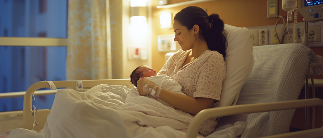 A woman holds a newborn in a soft-lit maternity ward.