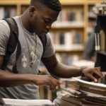 A young man sorts materials in his university library, part of his work-study program.