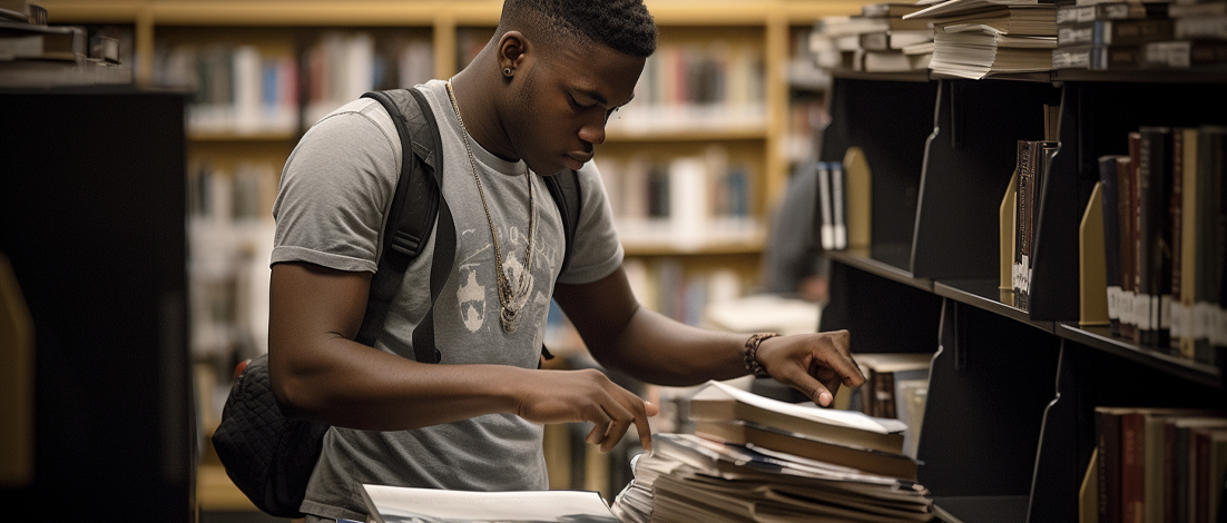 A young man sorts materials in his university library, part of his work-study program.