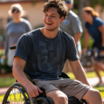 A young man in a wheelchair, a veteran, smiles at an outdoor gathering of friends.